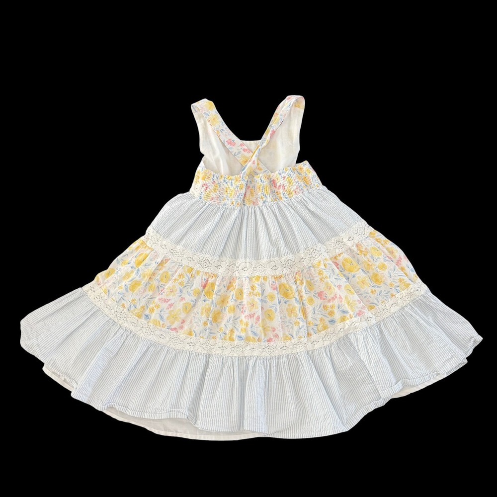 Tommy Bahama Girls Floral Seersucker Tiered Lace Dress 7 Blue Yellow Cottagecore - Picture 2 of 8